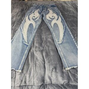 Choize Club XL Jeans Denim‎ Blue Flame Design Distressed Hem Elastic Waist